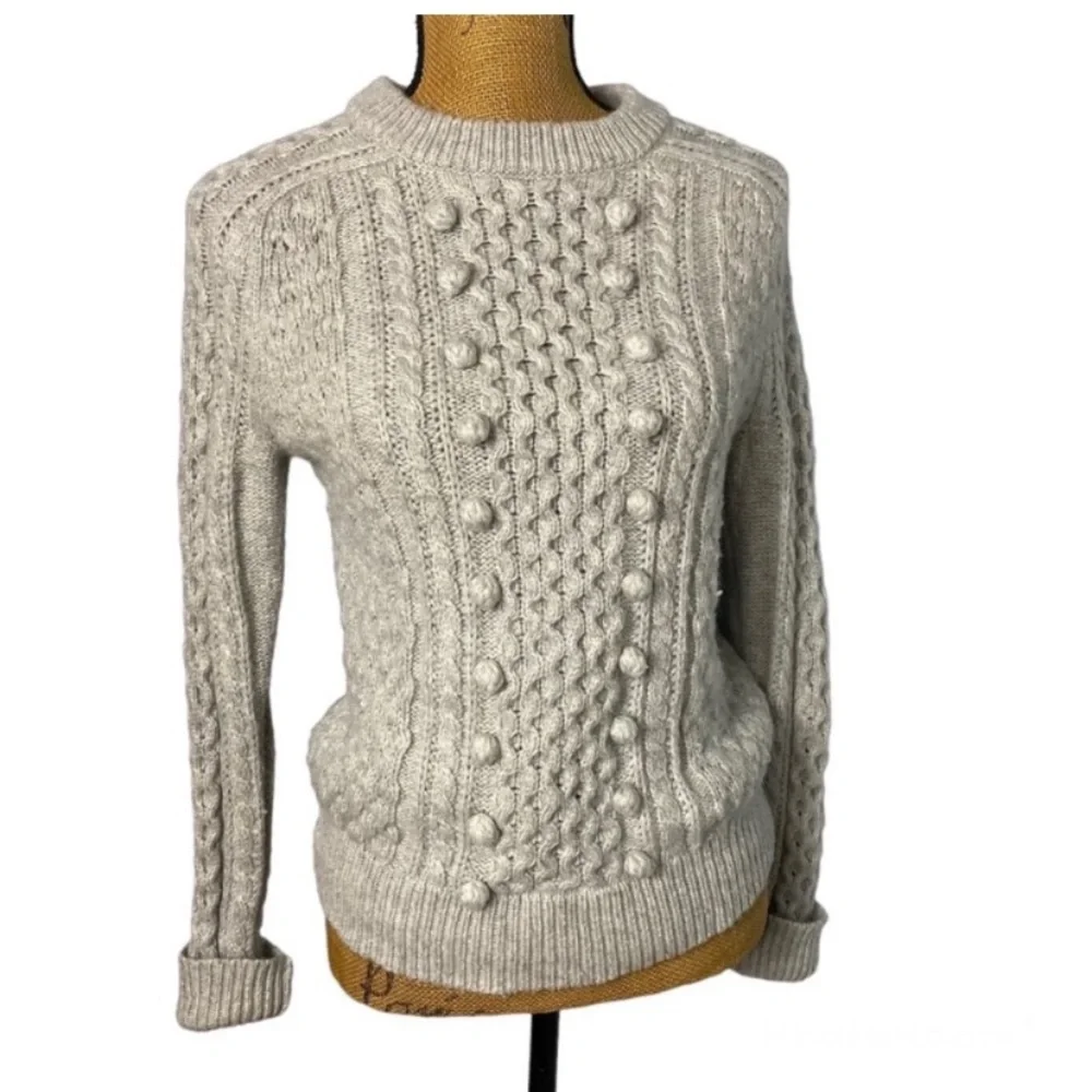 J. CREW Gray Wool Blend Popcorn Chunky Casual Cable Knit Fisherman Sweater XS